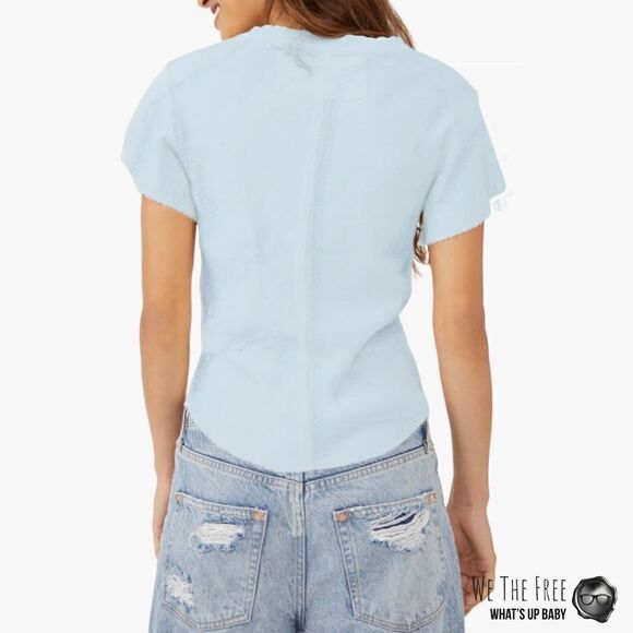 FREE PEOPLE / WE THE FREE WHAT’S UP BABY WAFFLE KNIT TEE IN NEON SKY BLUE XS - Picture 9 of 11